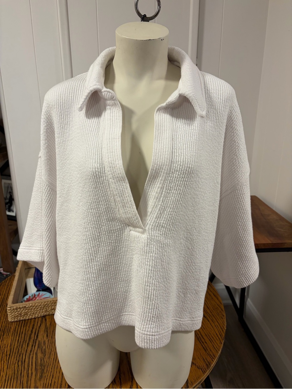 Aerie Waffle Knit Collared Pullover Cozy Cream Oversized Top